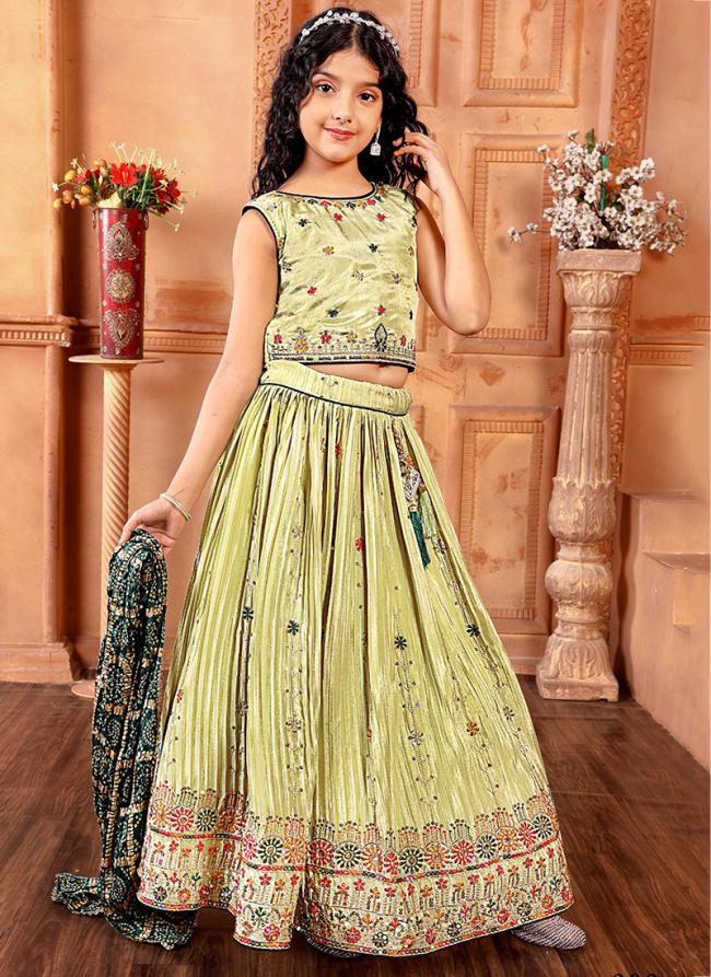 Chinnon Pista Green Wedding Wear Embroidery Work Readymade Kids Lehenga Choli